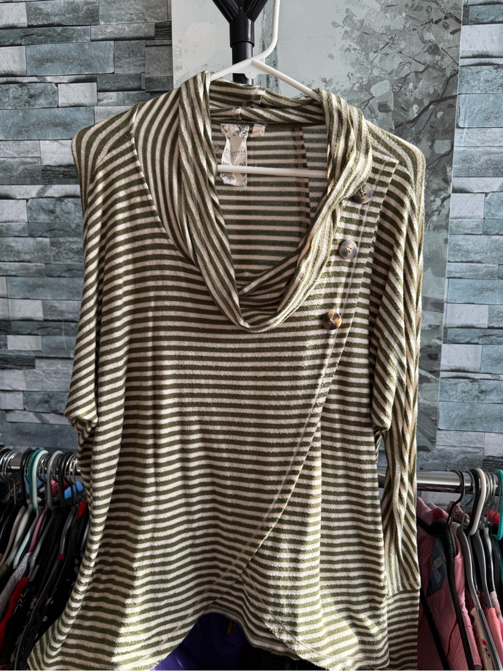 Striped Olive & Cream Cowl Neck Button Tunic Top
